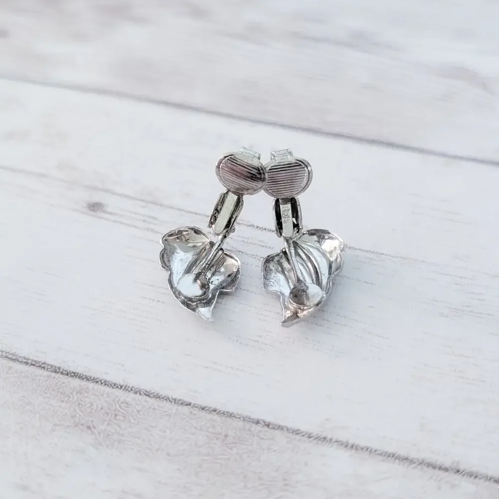 Vintage Clip On Earrings Silver Tone & Black Leaf - Some Paint Chipping
